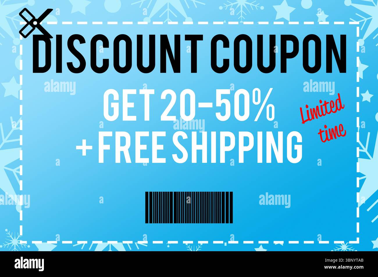 Der Gutschein zeigt einen flachen blauen Farbverlauf, ein Scherensymbol, 20–50 % + kostenloser Versand, begrenzte Zeit, Barcode Stockfoto