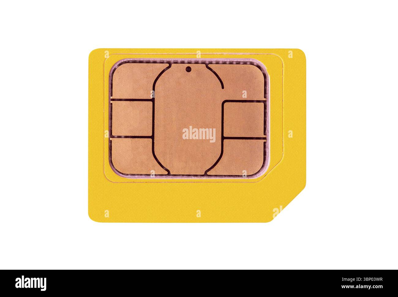 Gelbe Micro-SIM-Karte isoliert auf weissem Hintergrund, Ansicht von oben Stockfoto