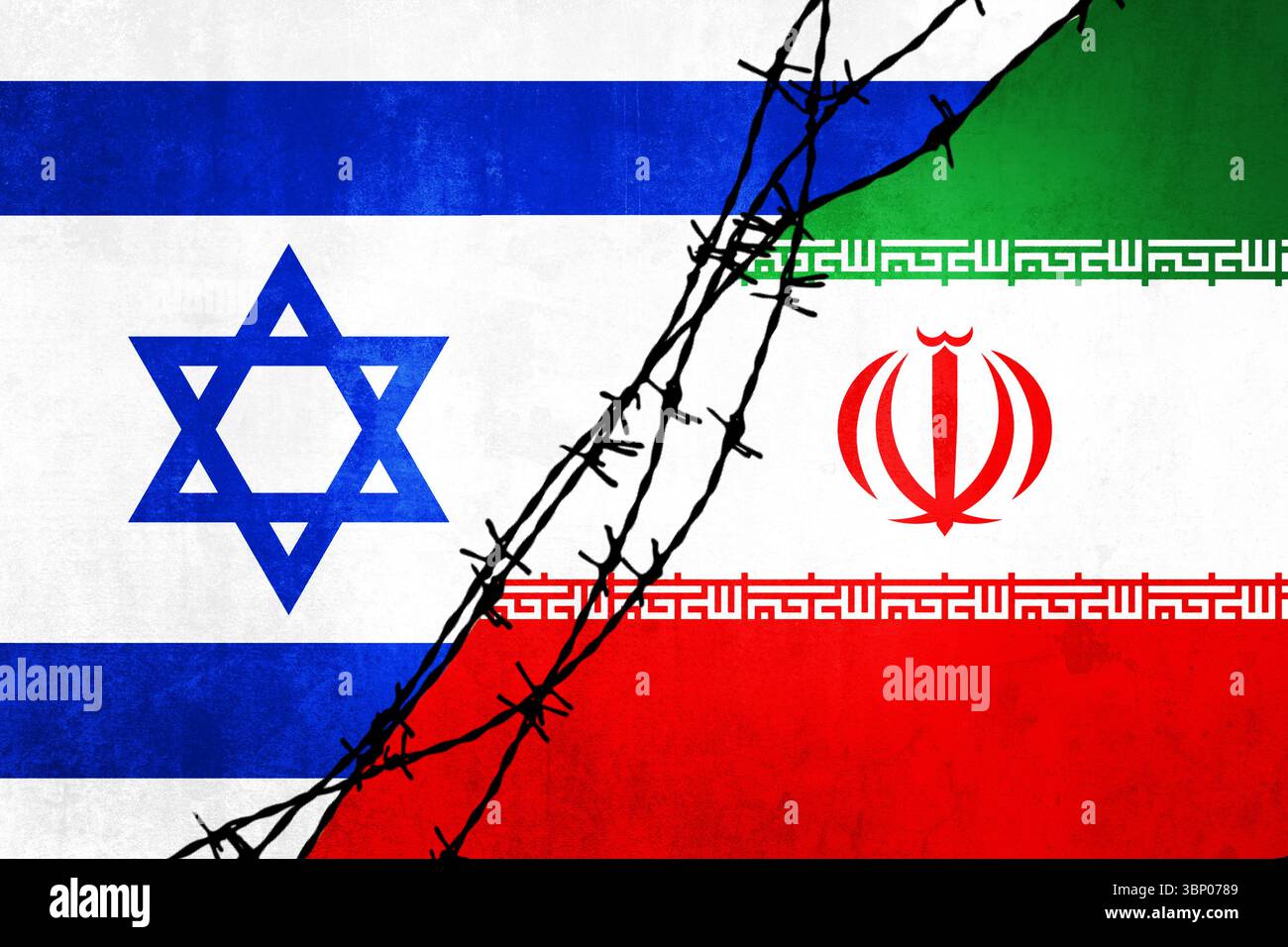 Grunge-Flaggen von Israel und Iran geteilt durch Barb Wire Illustration, Konzept des Krieges zwei Länder Stockfoto