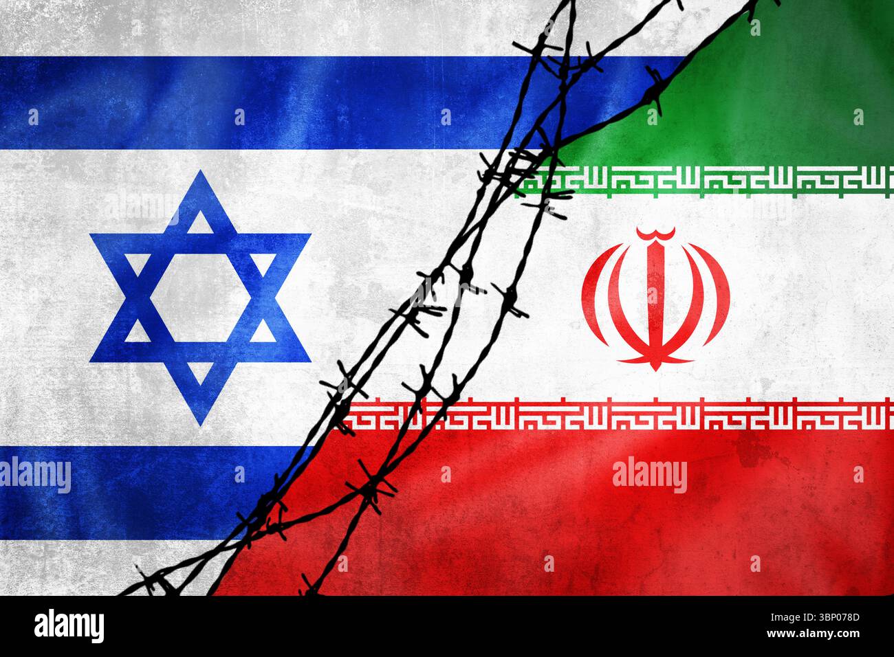 Grunge-Flaggen von Israel und Iran geteilt durch Barb Wire Illustration, Konzept des Krieges zwei Länder Stockfoto