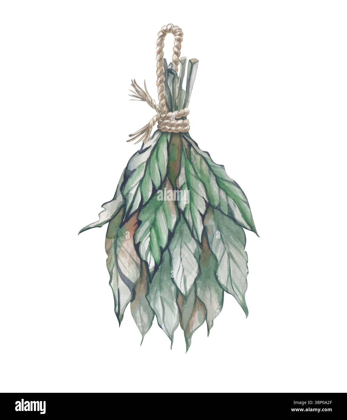 Ein Haufen Gras, das an einem Seil trocknet, wird von Hand gezogen. Aquarellabbildung eines trockenen Grases auf weißem Hintergrund. Isoliert. Clipart. Die Stockfoto