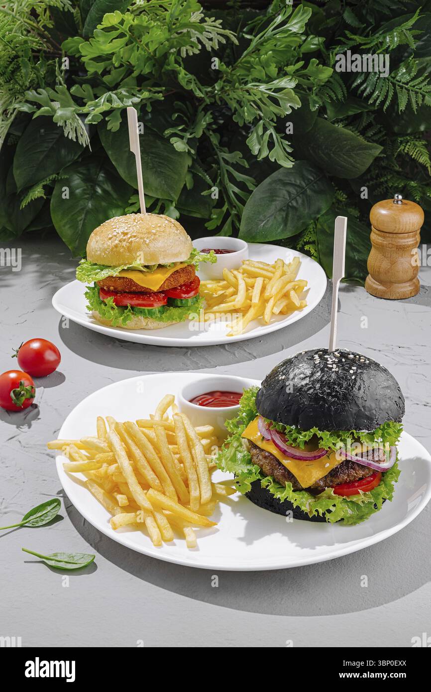 Food still-Life, zwei Gourmet-Burger werden auf weißen Tellern präsentiert. Das eine hat ein traditionelles Brötchen, das andere ein auffälliges schwarzes Brötchen. Knusprig f Stockfoto