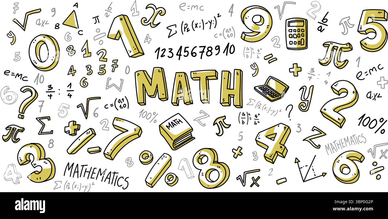 Handgezeichnete mathematische Symbole. Mathematische Symbole auf grünem Hintergrund. Mathematische Symbole skizzieren. Vektorabbildung Stock Vektor