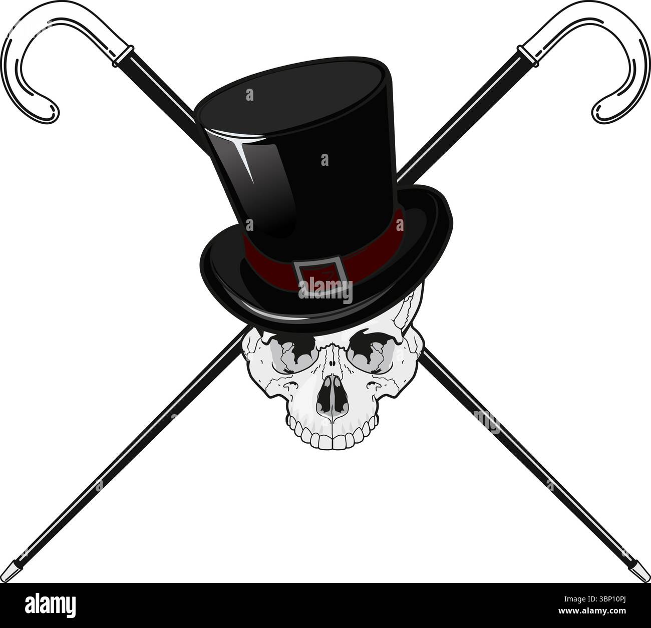 Schädel in altmodischem Oberhut mit gekreuzten Wanderstöcken isoliert auf weißem Hintergrund Stockfoto