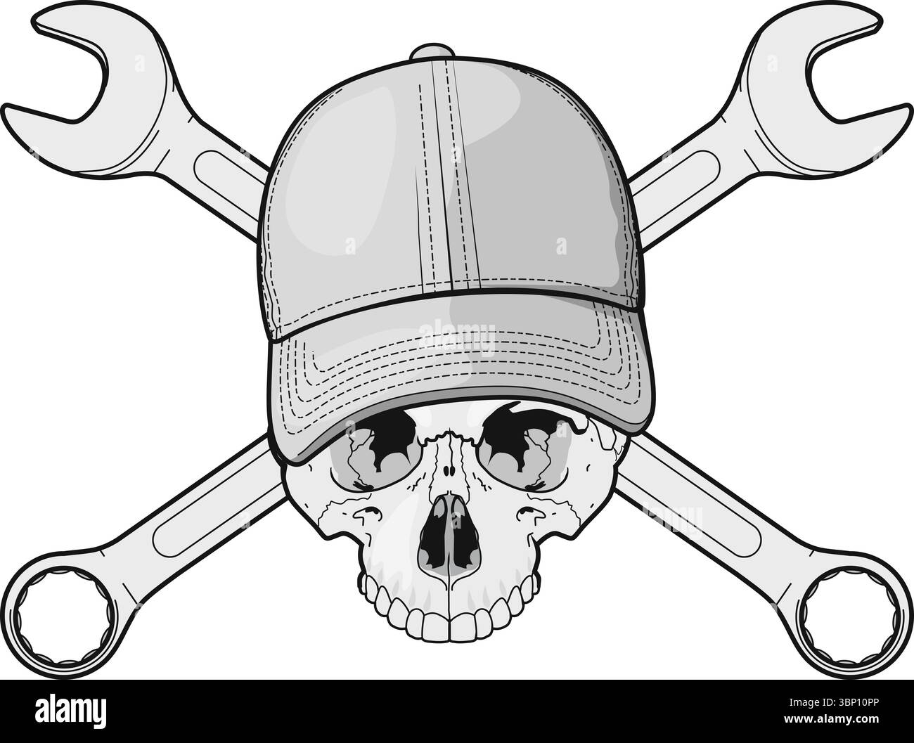 Schädel eines Klempnermechanikers mit Kreuzschlüssel in Kappe isoliert auf weißem Hintergrund Stockfoto