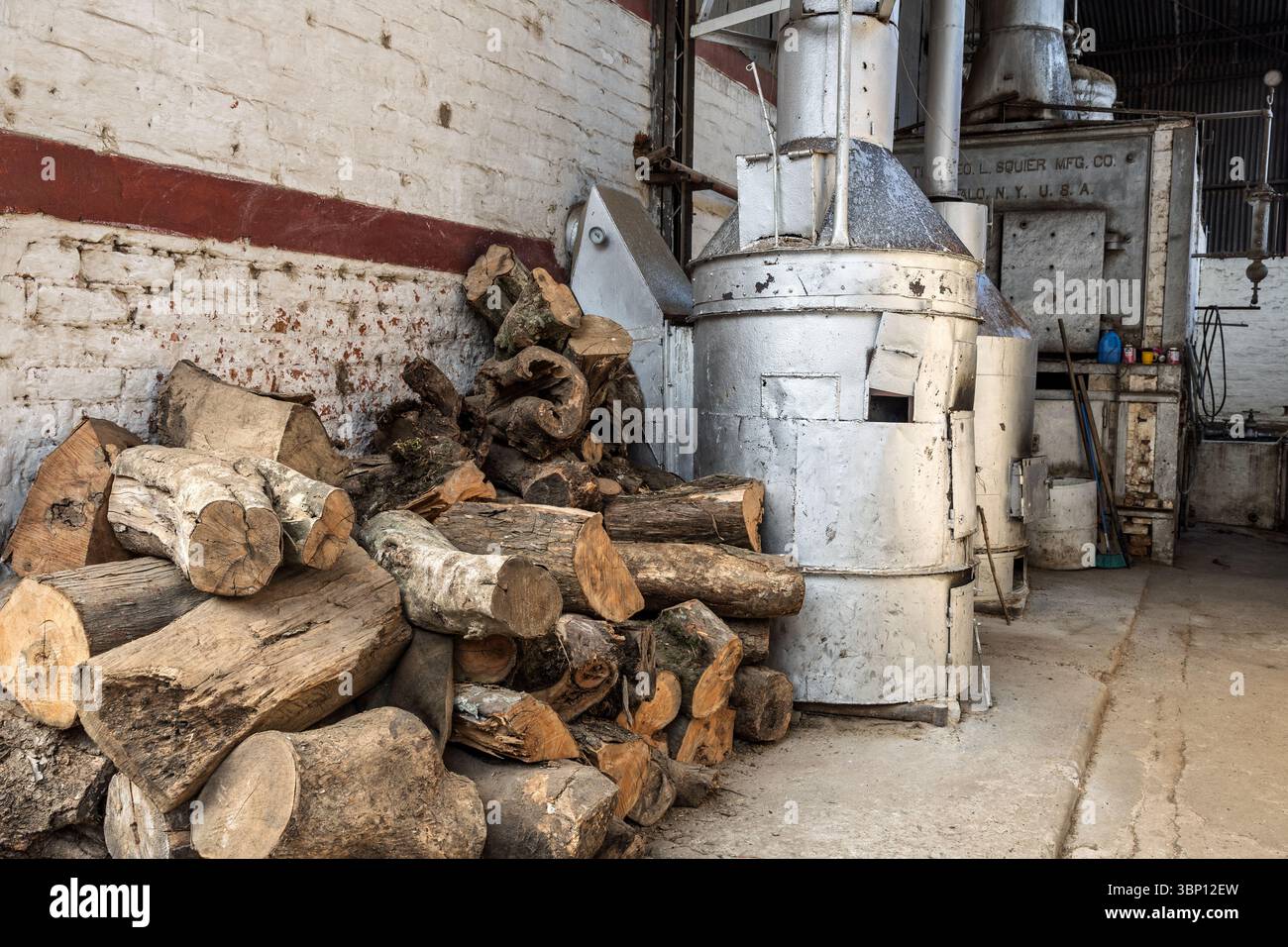 Baumstämme für den Ofen für die Kaffeebohnenröstung, El Carmen Estate, Beneficio de Cafe, Concepcion de Ataco, Ahuachapan Department, El Salvador Stockfoto