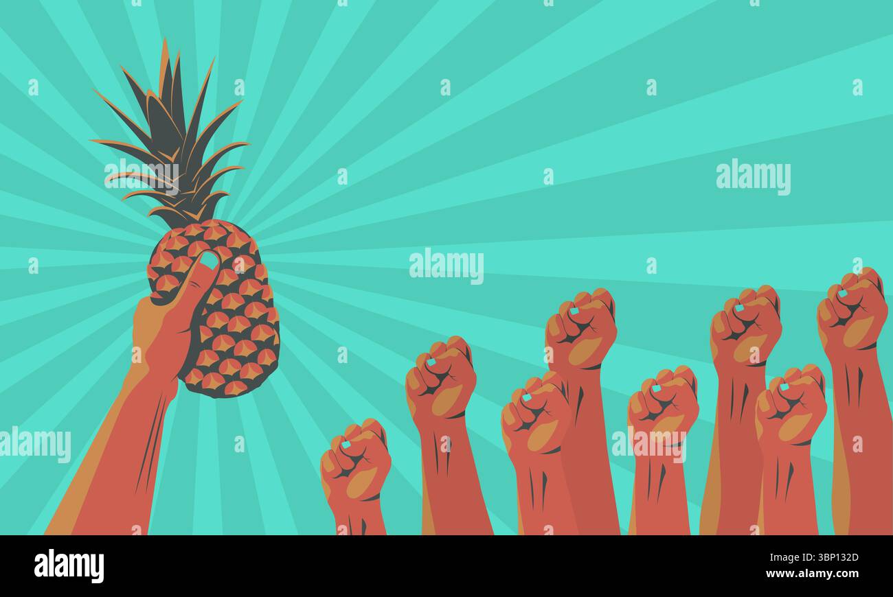 Vektor-Illustration einer erhöhten Ananas in einer Hand mit mehreren Fäusten im Hintergrund. Auffälliges, abstraktes und symbolisches Design mit tropischen Früchten und Stock Vektor