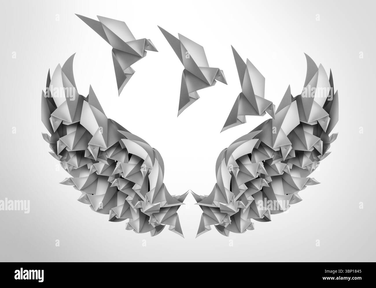 Business Team Success Strategy als Teamwork-Konzept mit Origami-Vögeln, die sich zu Einheit zusammenschließen und durch Flügel als Symbol für OP dargestellt werden Stockfoto