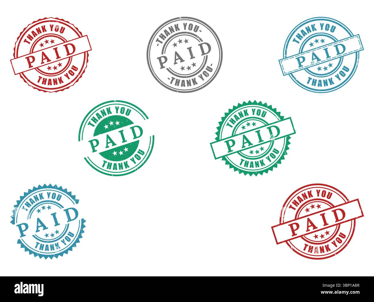 Sammlung von bezahlten Stempeln Danke Grafik für die Fakturierung von Rechnungen Stock Vektor