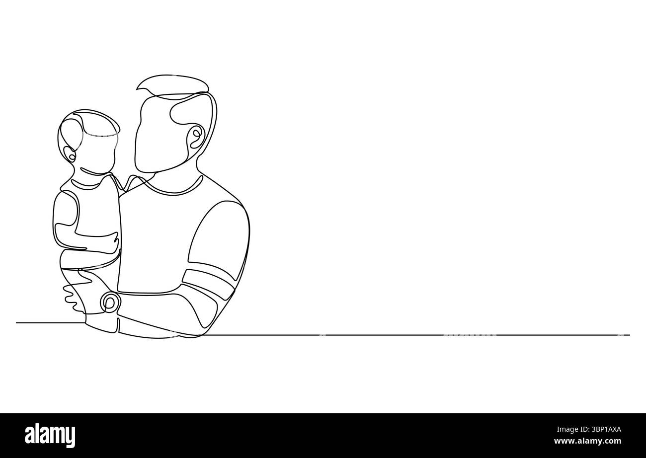Vater und Kind A Line Art Darstellung von Liebe und Fürsorge, Vater hält Kind, einzeilige Zeichnung, Vater und Kind spielen zusammen, Stock Vektor