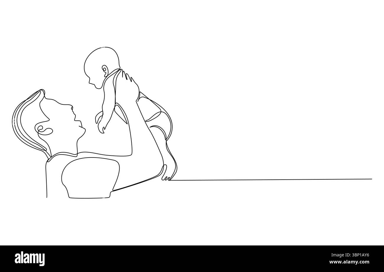 Vater und Kind A Line Art Darstellung von Liebe und Fürsorge, Vater hält Kind, einzeilige Zeichnung, Vater und Kind spielen zusammen, Stock Vektor