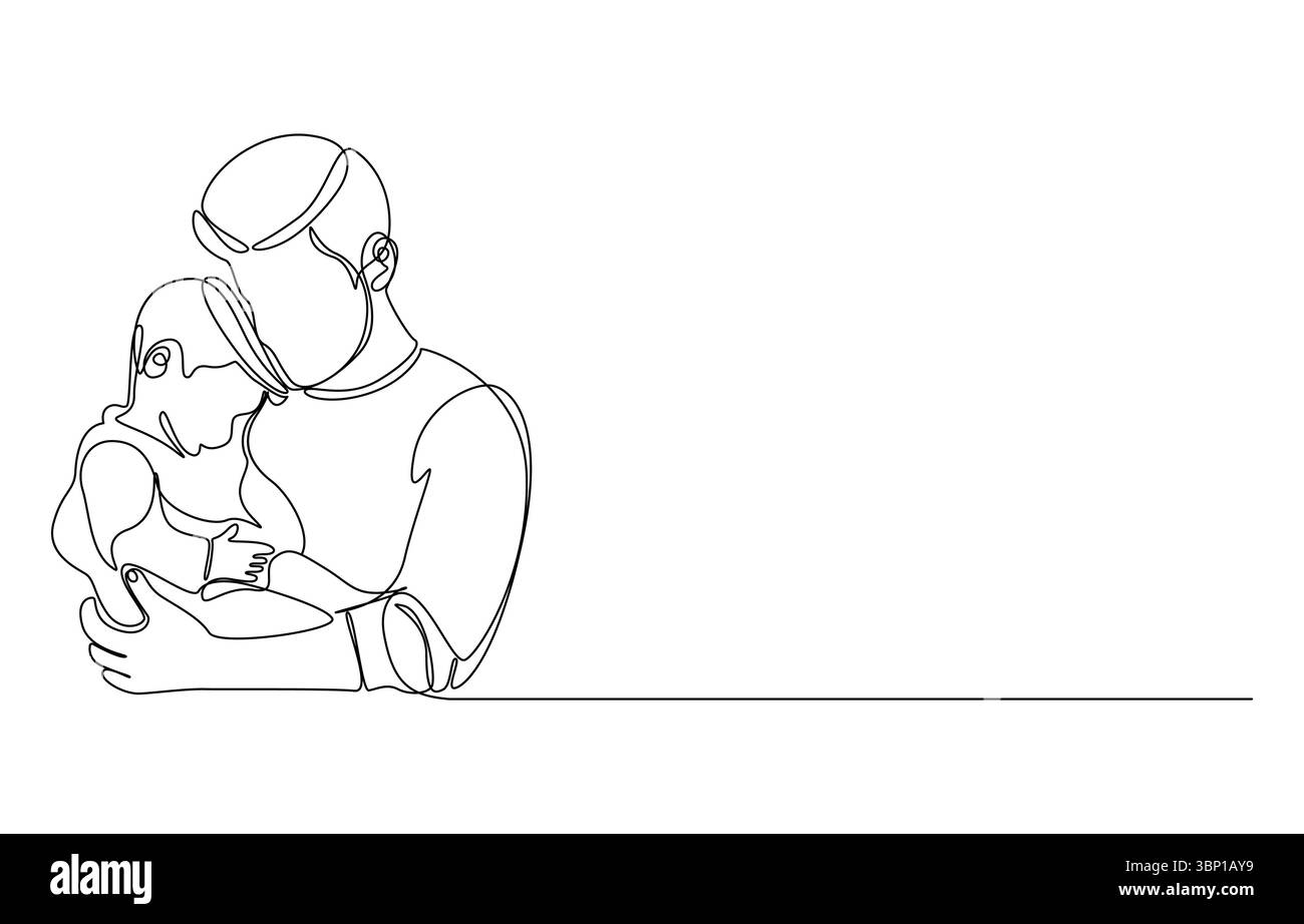 Vater und Kind A Line Art Darstellung von Liebe und Fürsorge, Vater hält Kind, einzeilige Zeichnung, Vater und Kind spielen zusammen, Stock Vektor