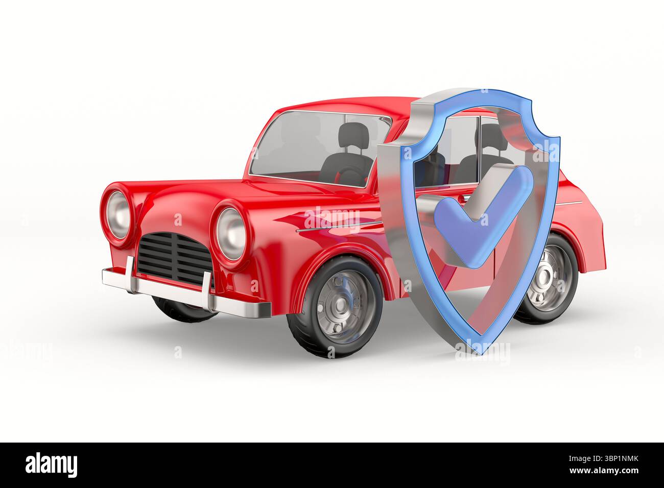 Auto und Schild auf weißem Hintergrund. Isolierte 3D-Darstellung Stockfoto