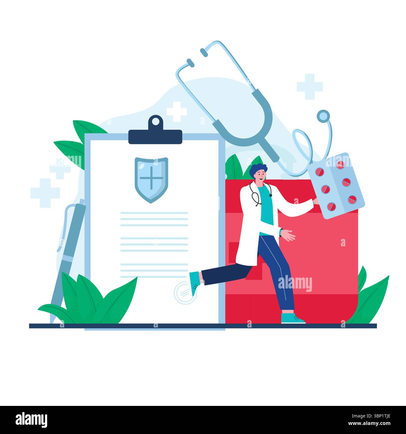 Handgezeichnete Illustration zum Nationalarzttag mit Medizinern und Essentials Stock Vektor