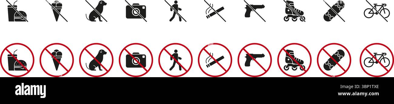 Unzulässige Aktivitäten Und Elemente Volumenkörpersatz. Kein Essen, Haustiere, Fotografie, Rauchen, Waffen, Skaten und Radfahren Silhouette Symbol Kollektion. Sicherheit Stock Vektor
