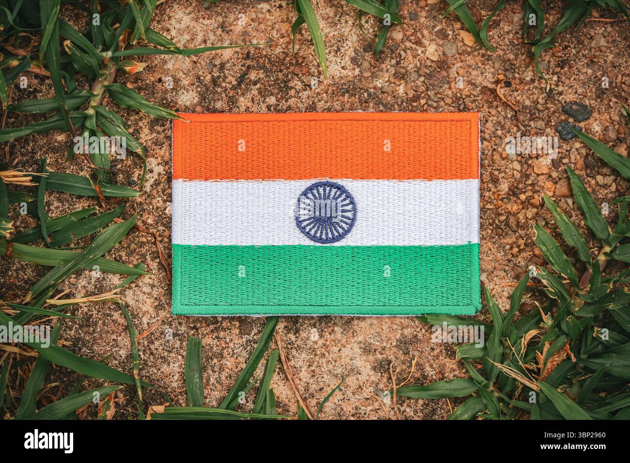 Umweltfreundliche, gestickte Indien-Flagge auf einem alten Stein mit grünen Grasblättern. Natürliche Ruhe und Umweltkonzept. Stockfoto