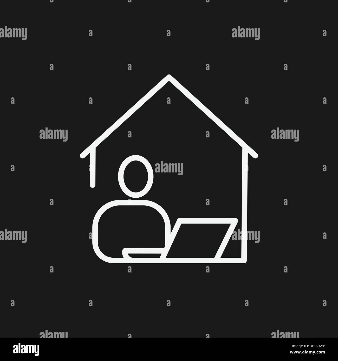 Das Symbol „Arbeiten von zu Hause aus und Remote Office“ mit einer Person am Laptop in einem Haus Stock Vektor