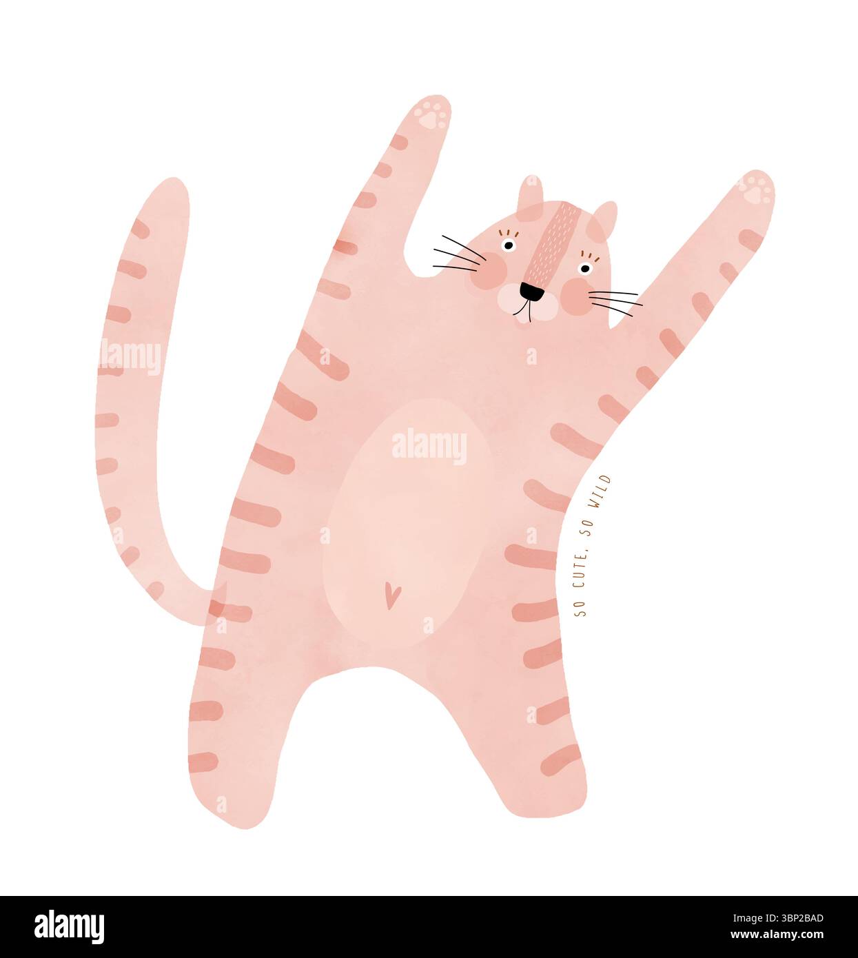 So Niedlich, So Wild. Lustiger Rosa Tiger Entspannend, Während Er Auf Seinem Rücken Liegt. Hand Gezeichnete Vektor-Illustration Der Glücklichen Wilden Katze. Safari Tier. König Des Dschungels. Stock Vektor