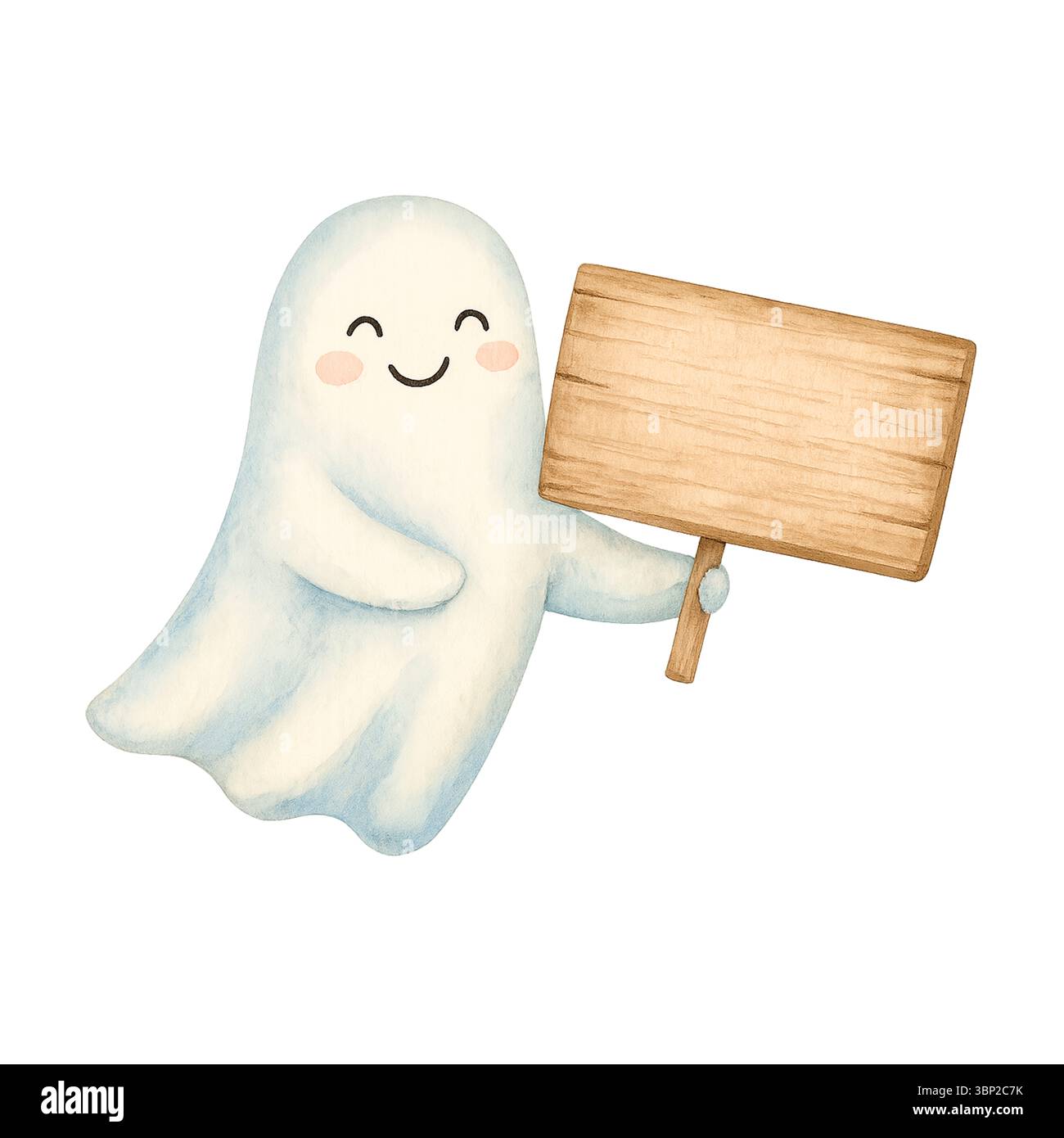 Happy Ghost Hält Holzschild – Halloween Message Illustration Stockfoto