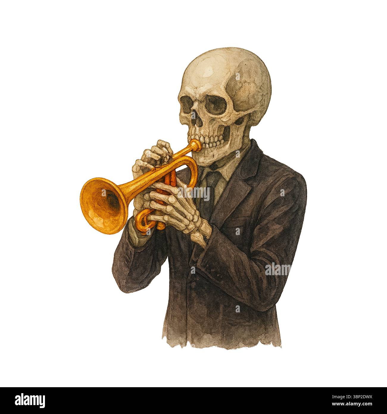 Skelett Trompete Spieler – Halloween Jazz Musik Illustration Stockfoto