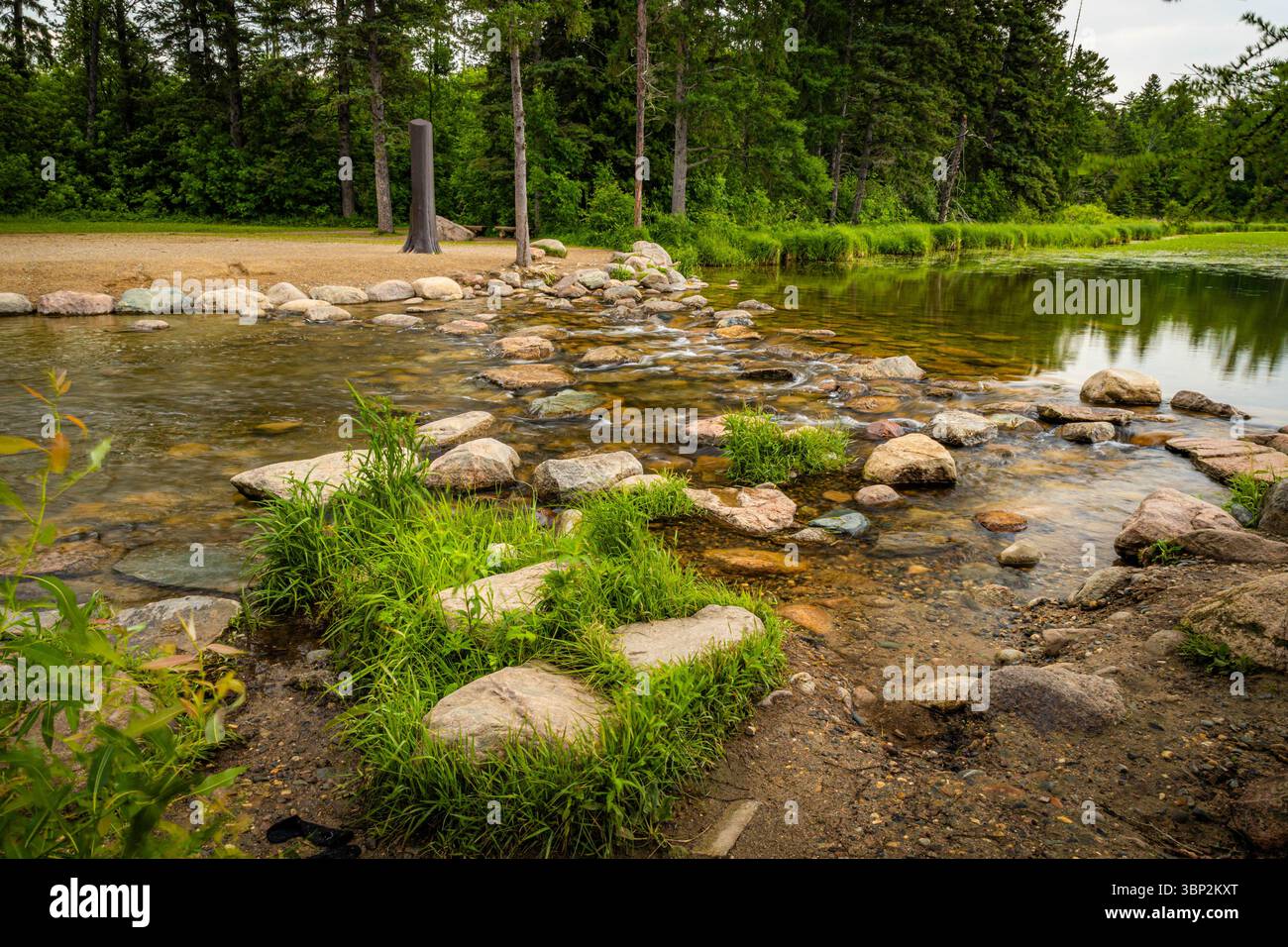 Ein malerischer Blick auf den Mississippi River Headwaters Trail, der sich entlang der Ufer des berühmten Flusses schlängelt. Stockfoto