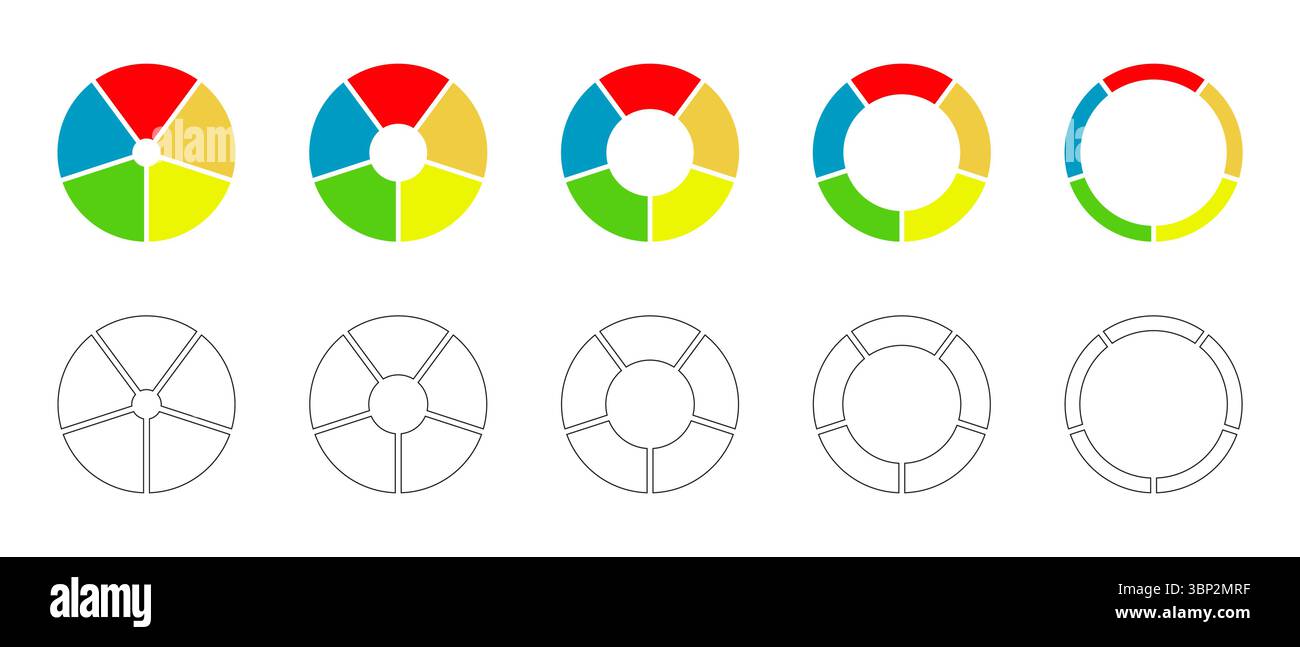 Donut-Diagramme, Torten segmentiert auf 5 gleiche Teile. Kreisschnittdiagramm. Diagramme Infografik mehrfarbige Sammlung. Das Rad ist in fünf Abschnitte unterteilt. Torte Stock Vektor