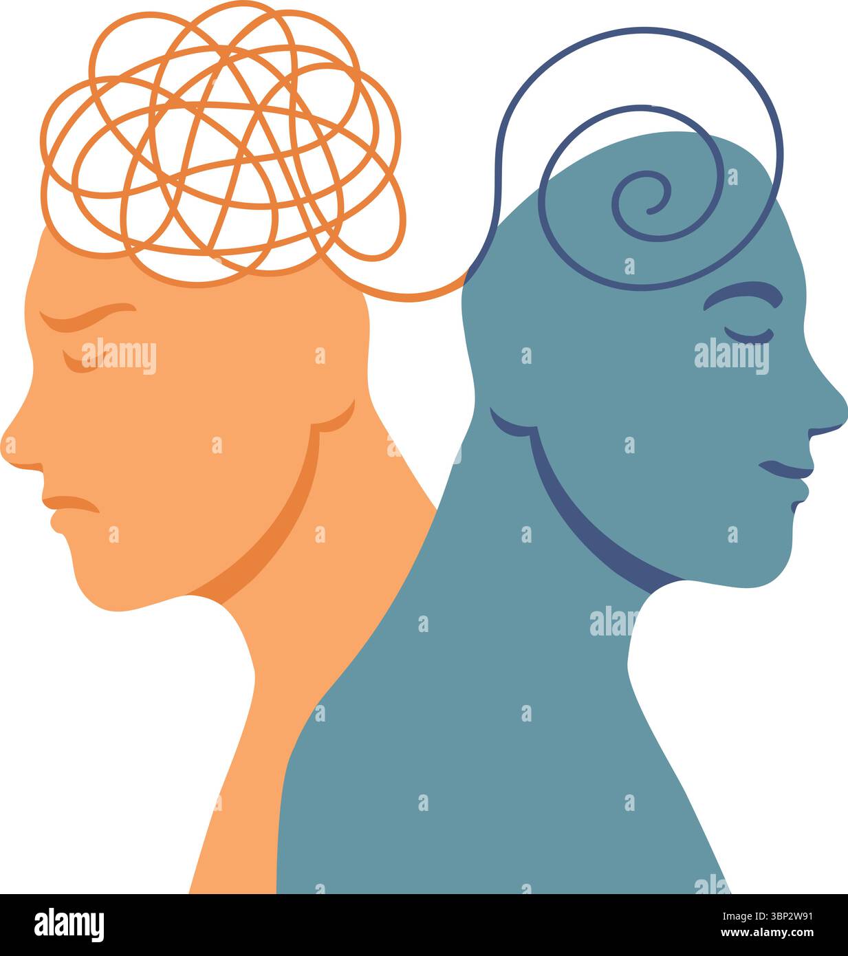 2 Kopf Silhouette bipolare Störung Geist geistige Gesundheit Verwirrung Untangle Gehirn Psychologie Konzept Stock Vektor