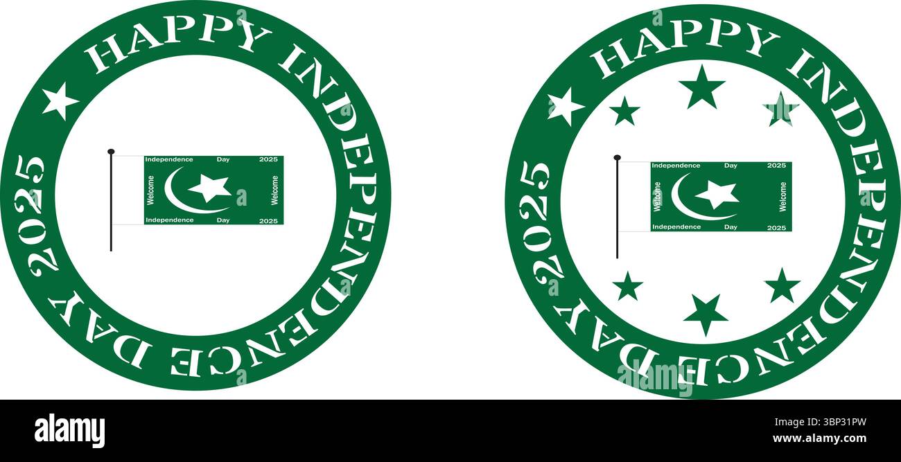 Runder Badsatz mit pakistanischer Flagge und Text zum Unabhängigkeitstag für Etiketten Stock Vektor