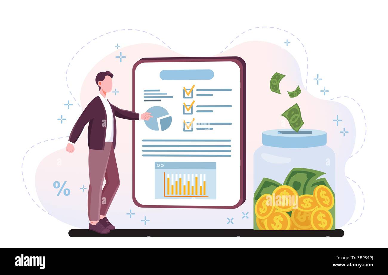 Analyse der Finanzaktivitäten. Mann in der Nähe von Statistiken und Banken mit Banknoten und Münzen. Finanzkompetenz und Ertrags- und Ausgabenabschätzung. Investor Stock Vektor
