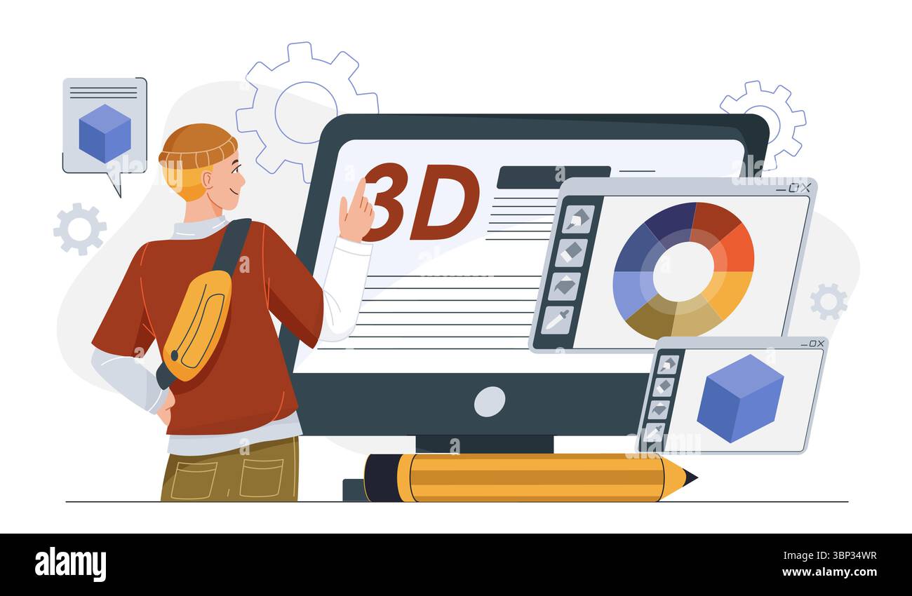 3D Designer Mann. Junger Kerl in der Nähe eines Computerbildschirms mit isometrischem Würfel. Freelancer entwickelt Elemente für Websites. Künstler im visuellen Studio. Freiberuflich tätig und Stock Vektor
