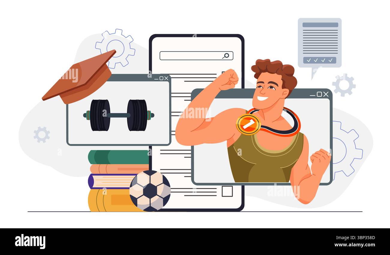 Sporterziehungskonzept. Starker Mann mit goldener Medaille und Fußball. Aktiver Lifestyle und Sport. Fitness und Workout. Unterricht in der Schule. Flach Stock Vektor