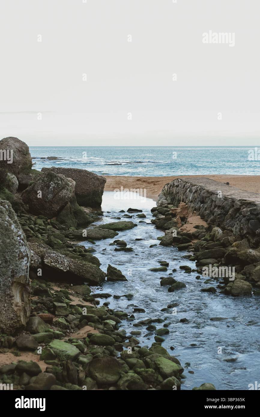 Kleiner, felsiger Bach, der an einem einsamen Strand ins Meer fließt. Natürliche Küstenlandschaft mit moosigen Felsen und ruhigem Wasser unter weichem Himmel. Stockfoto