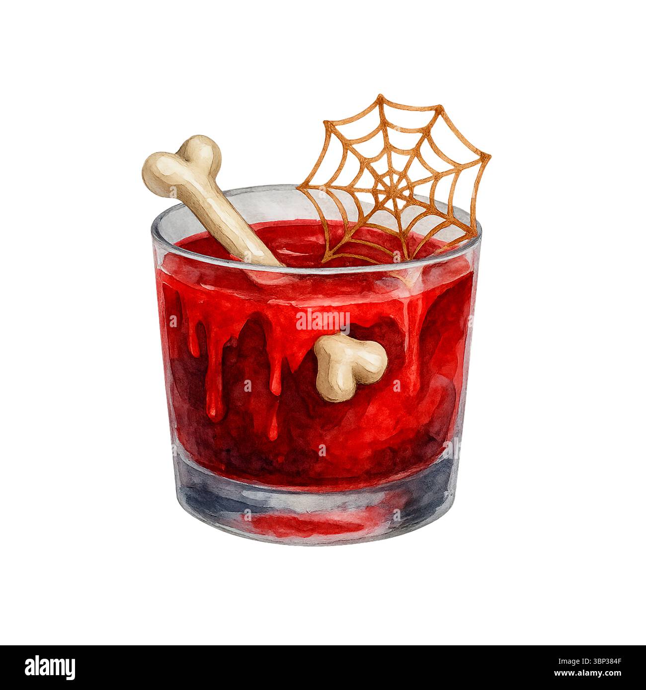 Blutiger Halloween-Cocktail mit Knochen und Spinnennetz-Garnish in Aquarell Stockfoto