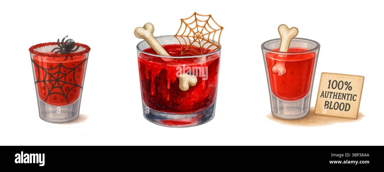 Set mit roten Halloween Cocktails mit Knochen, Spinnennetz und „Authentic Blood“ Etiketten Stockfoto