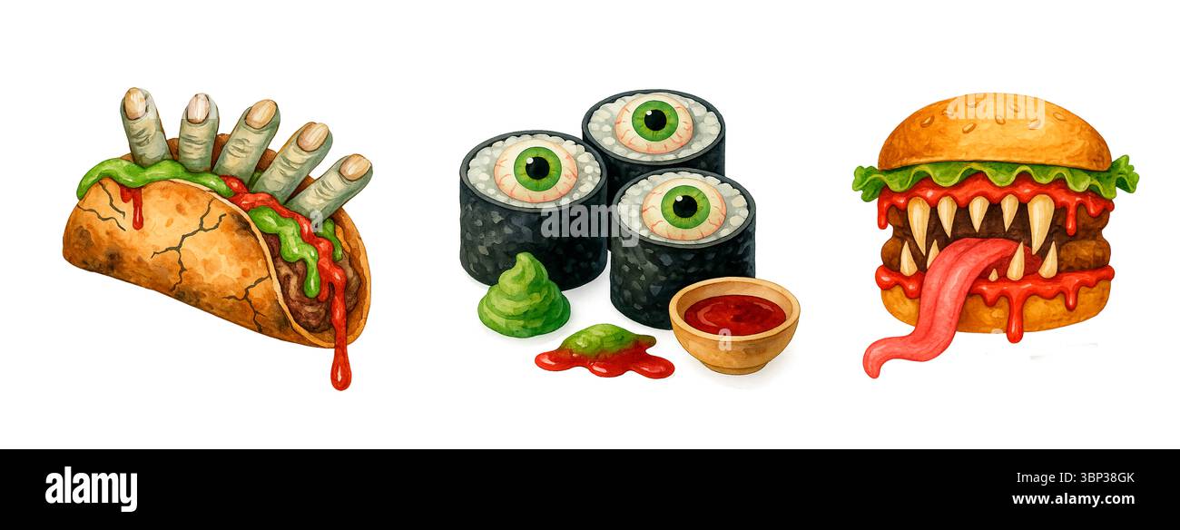 Gruseliges Halloween Fast Food: Zombie Taco, Eyeball Sushi und Monster Burger Stockfoto