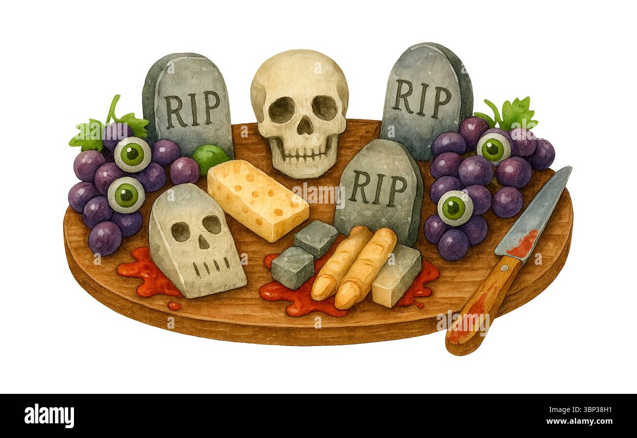 Halloween Käsebrett mit Grabsteinen, Schädeln und Trauben in Aquarell Stockfoto