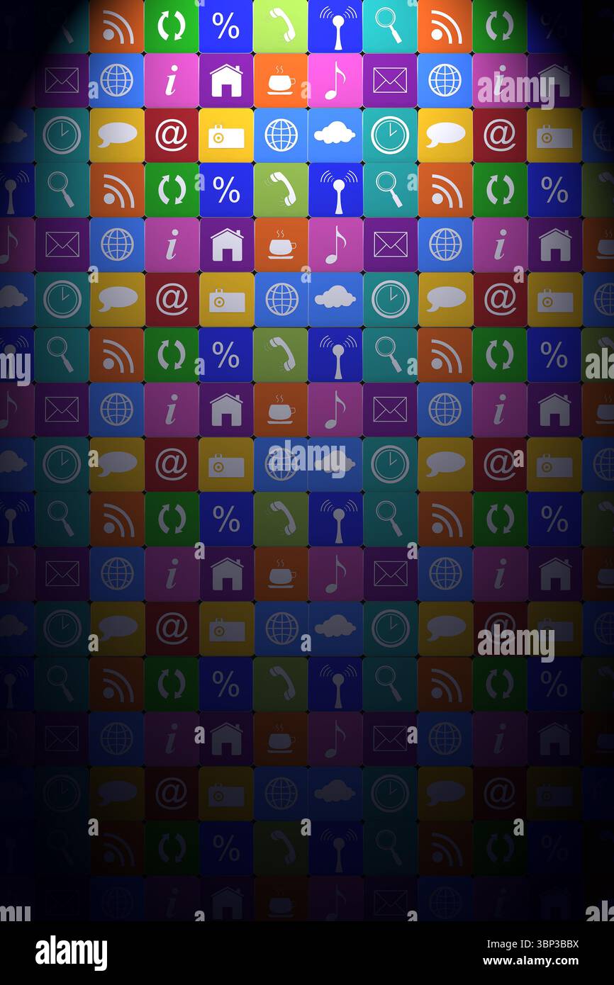 Symbole bilden ein flaches Mosaikraster auf dunklem Vignettenhintergrund und zeigen farbige App-Symbole Stockfoto