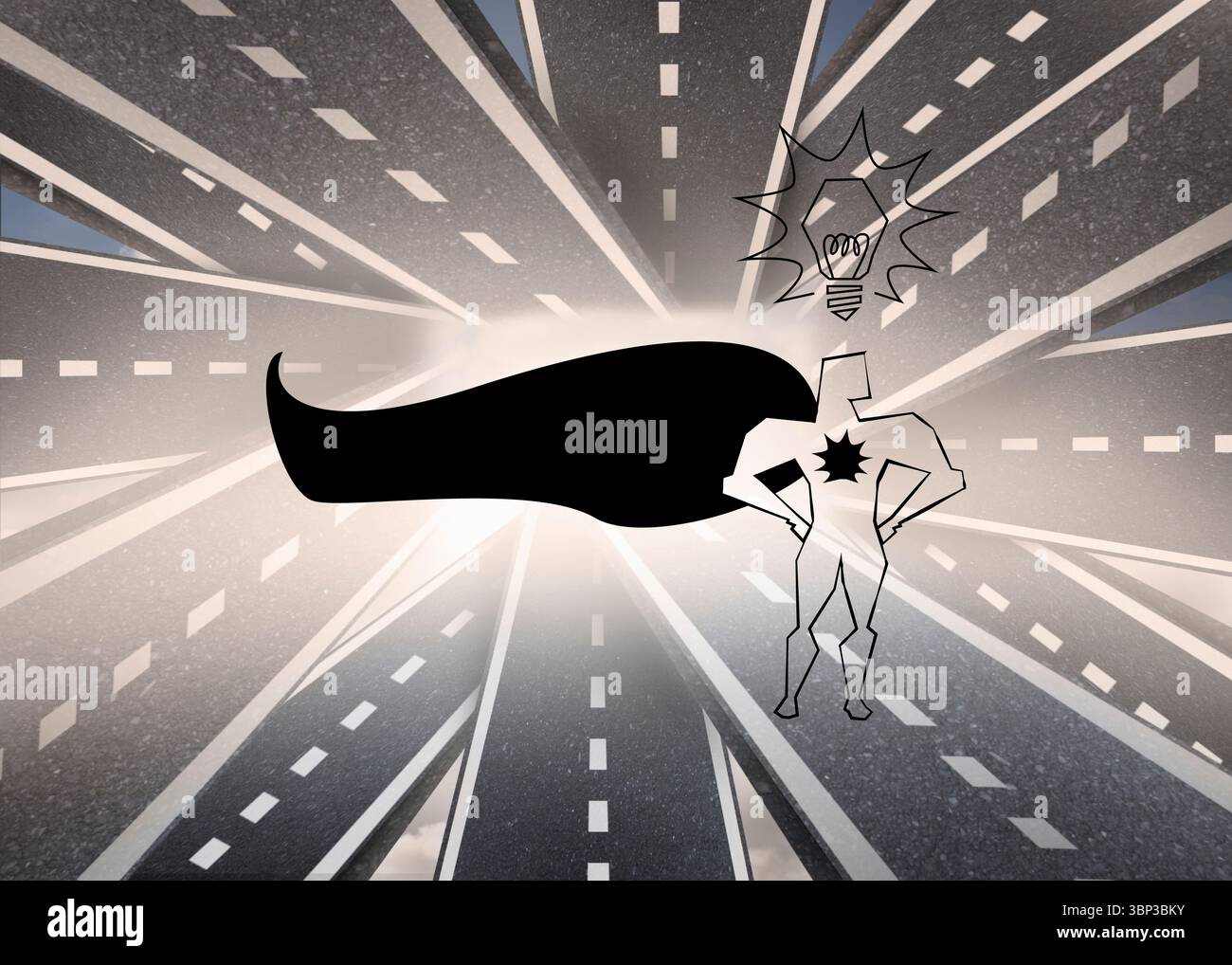 Superhelden über Straßen im Hintergrund Stockfoto