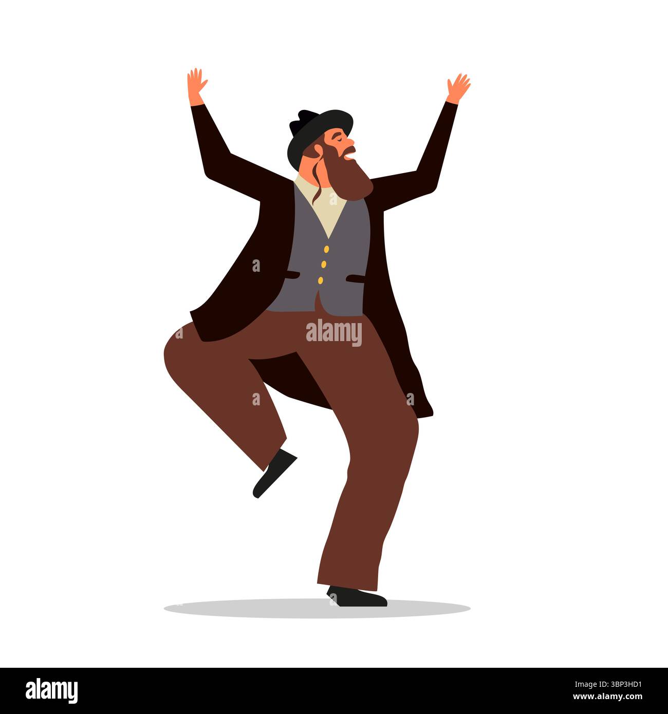 Jüdischer Mann tanzt chassidischen Tanz. Mann in traditionellen jüdischen Kleidern. Feier der jüdischen Feiertage Sukkot und Simhat Tora und Simchat Beit Stock Vektor