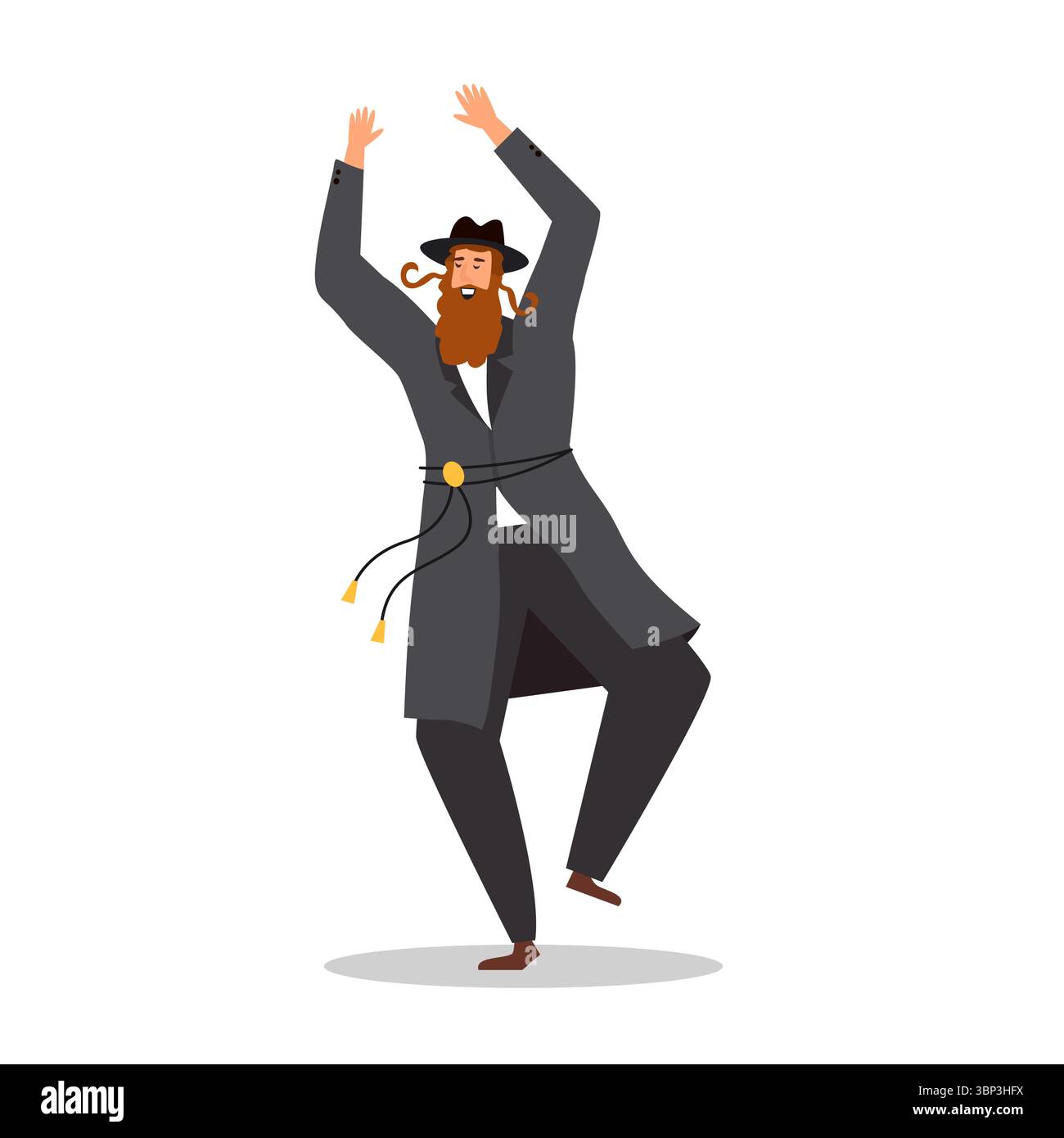 Jüdischer Mann tanzt chassidischen Tanz. Mann in traditionellen jüdischen Kleidern. Feier der jüdischen Feiertage Sukkot und Simhat Tora und Simchat Beit Stock Vektor