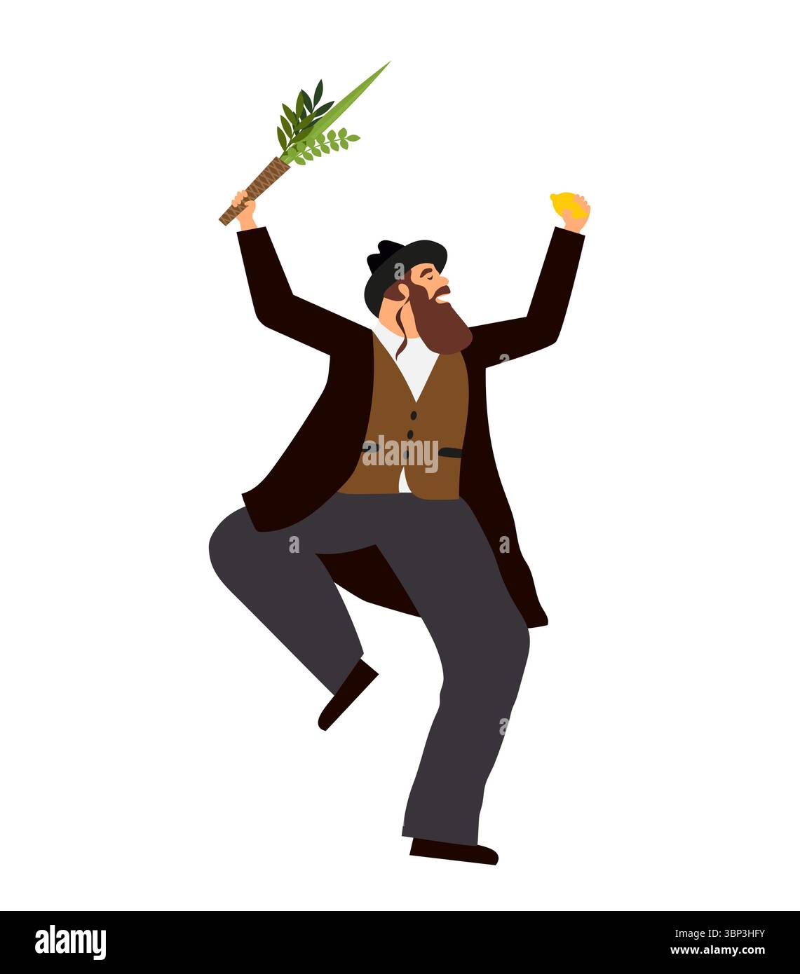 Jüdischer Mann tanzt chassidischen Tanz. Mann in traditionellen jüdischen Kleidern. Feier der jüdischen Feiertage Sukkot und Simhat Tora und Simchat Beit Stock Vektor