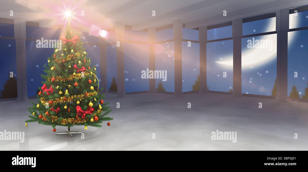 Der Weihnachtsbaum leuchtet in der Vektorhalle mit Sternenaufschlag und Bodenreflexionen unter dem Nachthimmel Stockfoto