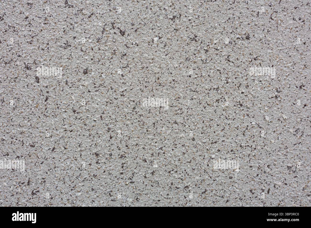 Raue, gefleckte Oberfläche mit einer Mischung aus Grau- und Schwarztönen. Die ungleichmäßige Verteilung dunkler Flecken verleiht dem hellen Hintergrund Tiefe und Interesse. Stockfoto