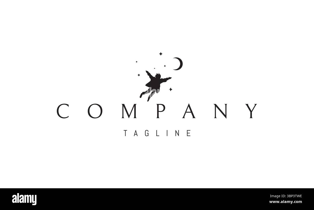 Ein Vektorlogo mit einem abstrakten Bild eines fliegenden Jungen, der über den Himmel schwingt und Träume und Fantasie symbolisiert. Stock Vektor