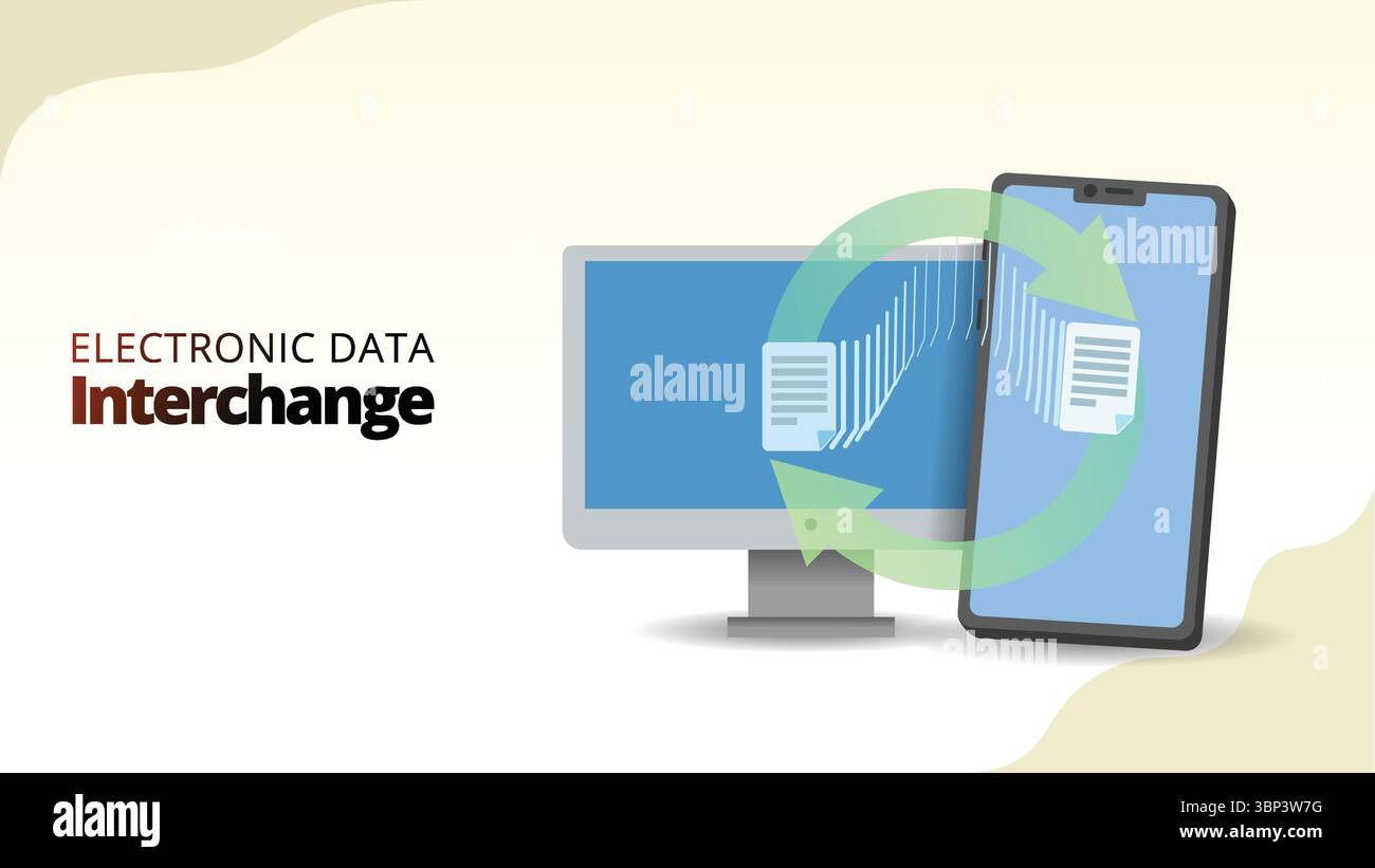 Konzept des elektronischen Datenaustauschs. Automatischer Austausch von Geschäftsdaten zwischen Computersystemen. Abbildung des Vektors für das Supply Chain Management Stock Vektor