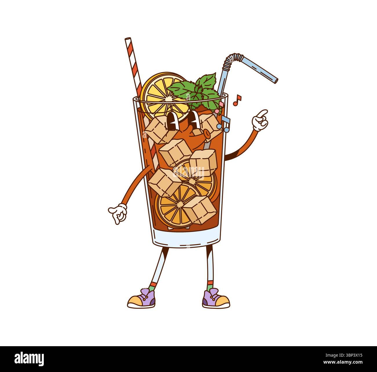 Long Island Cocktail, Limonade, grooviger Charakter. Erfrischender kalter Cocktail Retro Vektor Persönlichkeit, Alkohol trinken Glas fröhliches Maskottchen. Long Island B Stock Vektor