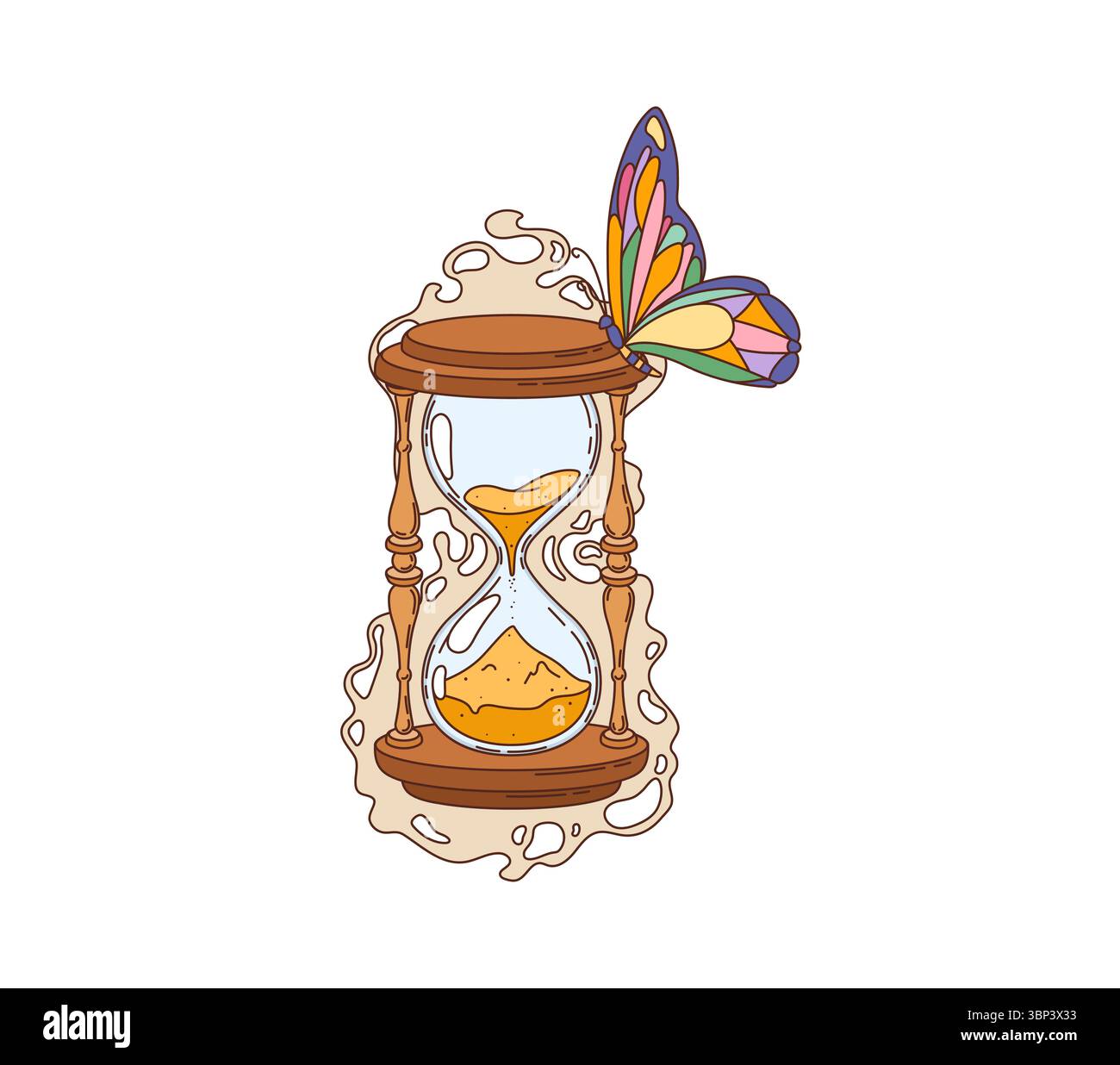 Sanduhr, Sanduhr, Retro-Hippie-Groovy-Objekt. Zeitmessung und Fluss mit alten hölzernen Sanduhr und psychedelischen Schmetterlings funky Vektor-Conep Stock Vektor
