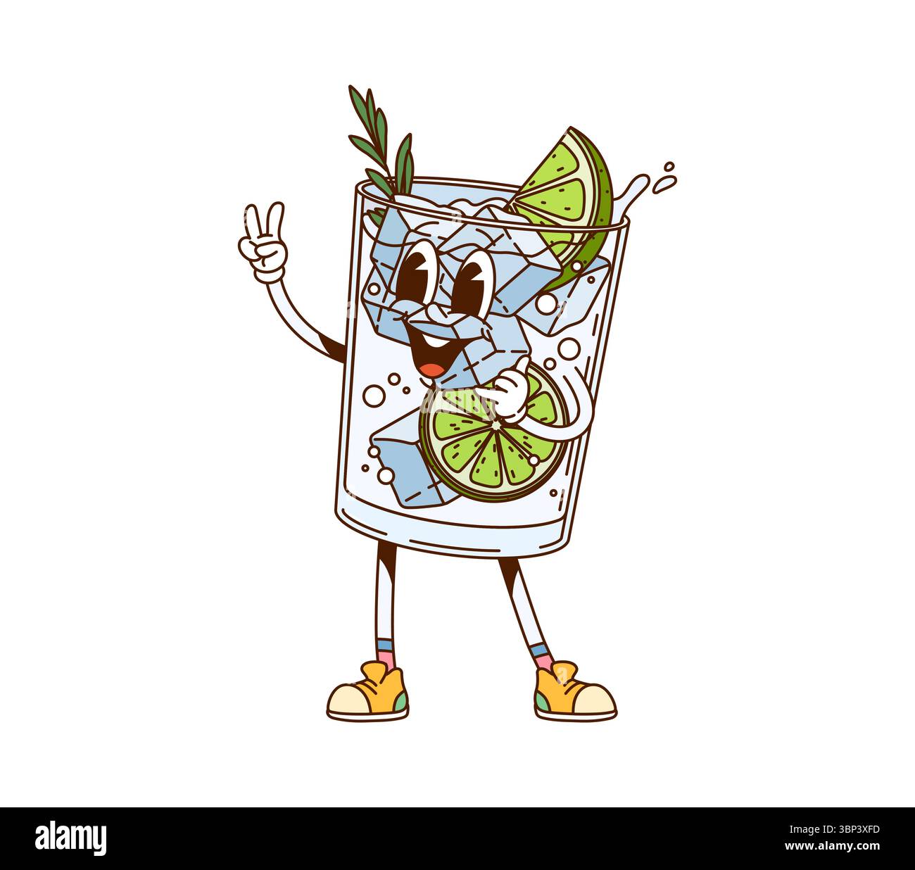 Gin Tonic Cocktail Drink grooviger Retro-Charakter. Alkohol Cocktail groovige 60er Jahre Vektor fröhlicher Charakter, Partydrink süße Persönlichkeit. Tropischer Cocktail Stock Vektor