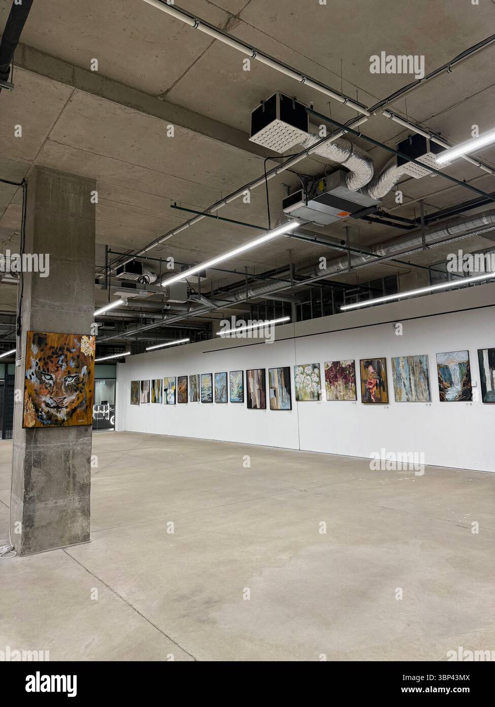 Das Foto zeigt einen modernen Kunstgalerie-Raum mit industriellem Innendesign. Die Decke besteht aus unbehandeltem Beton mit sichtbaren Kanälen und Rohrleitungen. Das A Stockfoto