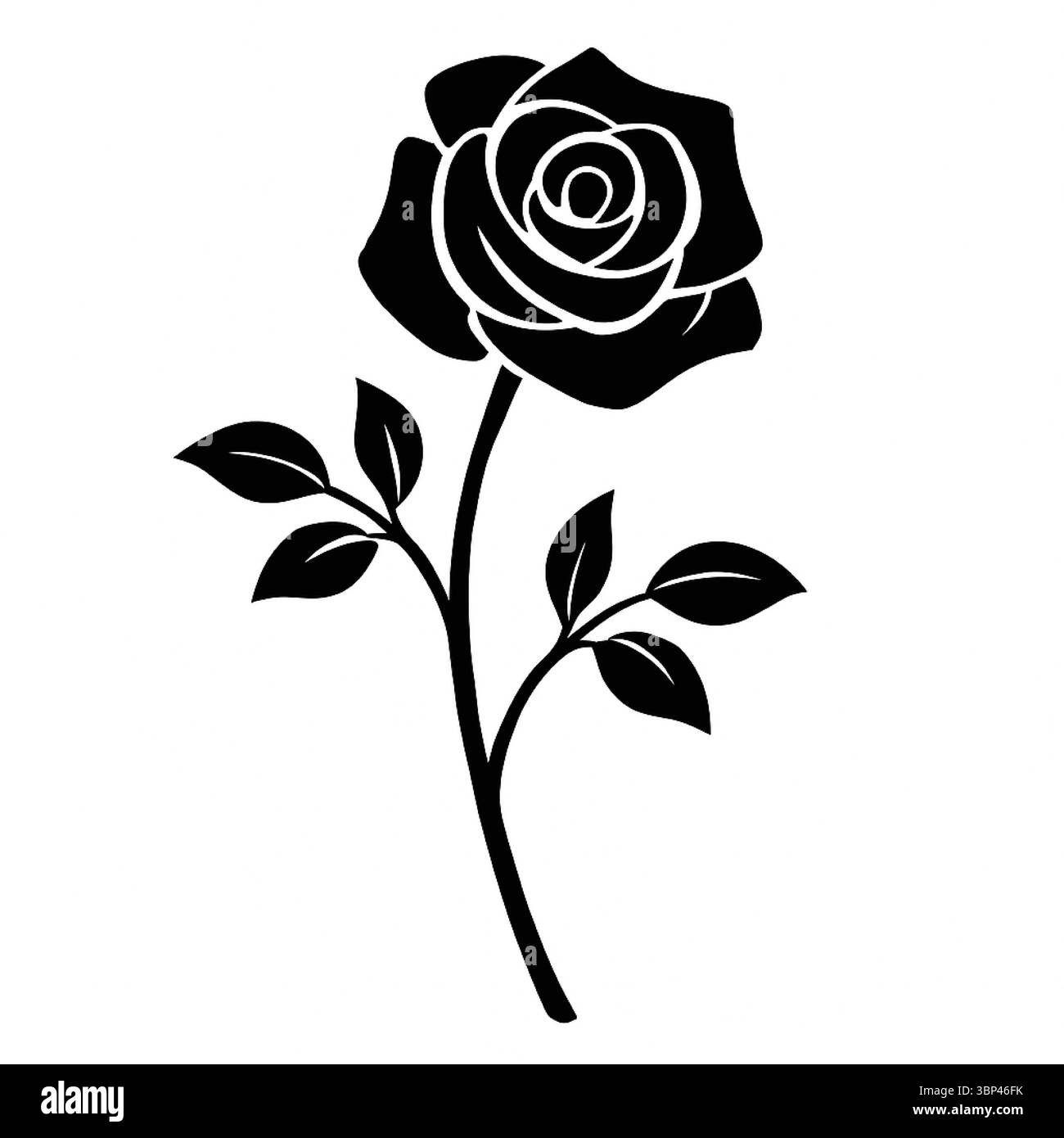 Silhouette der Rosenblüte mit Stiel und Blättern im minimalistischen Stil Stock Vektor